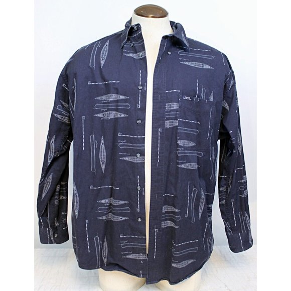 Chaps Ralph Lauren Men Sz L Blue Nautical Boat Sailboat Blueprint Hull Button up - Picture 2 of 10